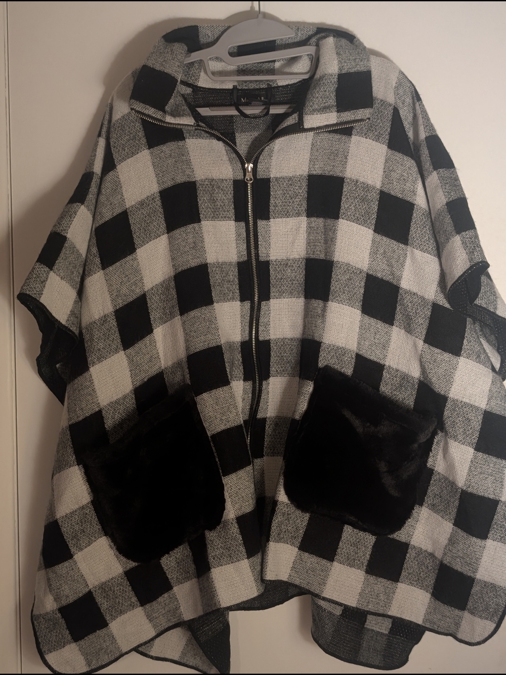 Buffalo Check Zip-Front Cape with Faux Fur Pockets